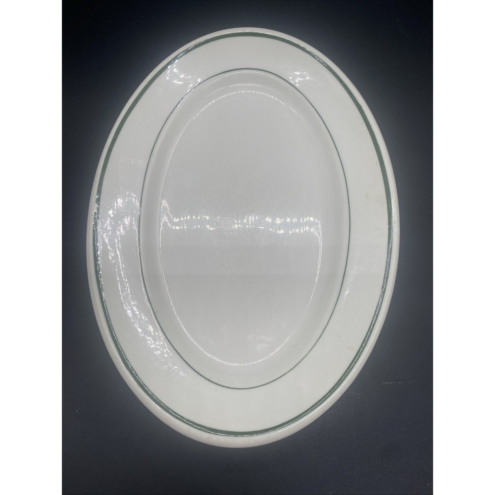 Shenango Green Band Stripe White Restaurant Ware 12" 8 " Platter  Serving Piece